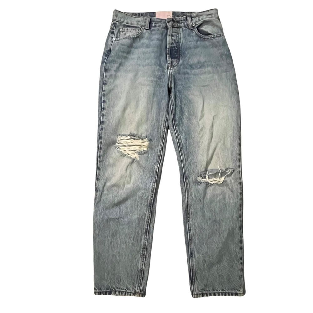 Revice High Rise Button Fly Straight Leg Destroyed Jeans, Size 14/32